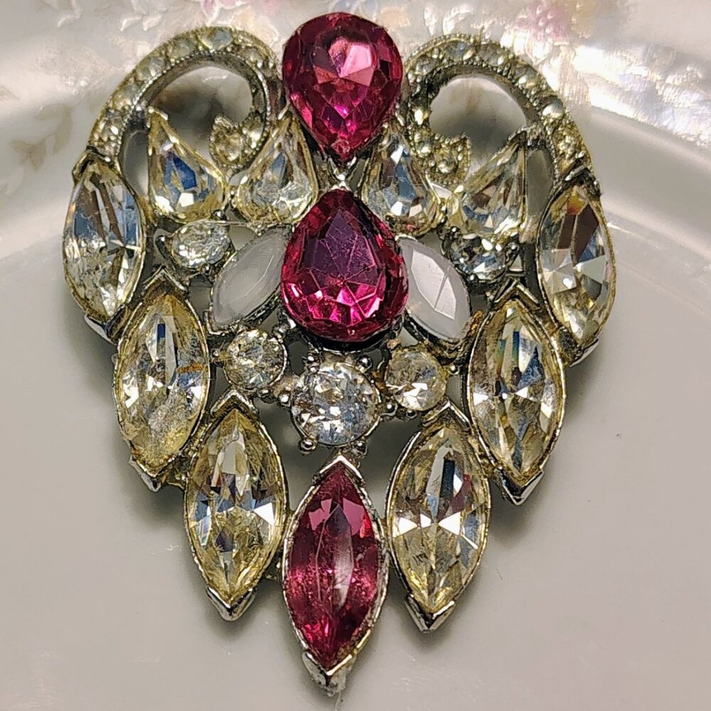 Vtg 40s Art Deco BOGOFF Pink Frosted Iced Rhinestone Brooch
